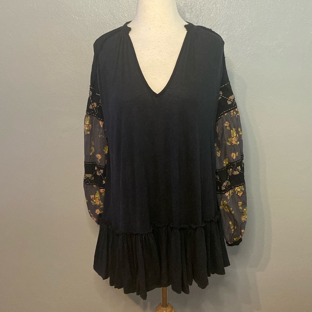 Free People Mix It Up Tunic Top/Mini Dress Balloon Sleeves Oversized Black Gray